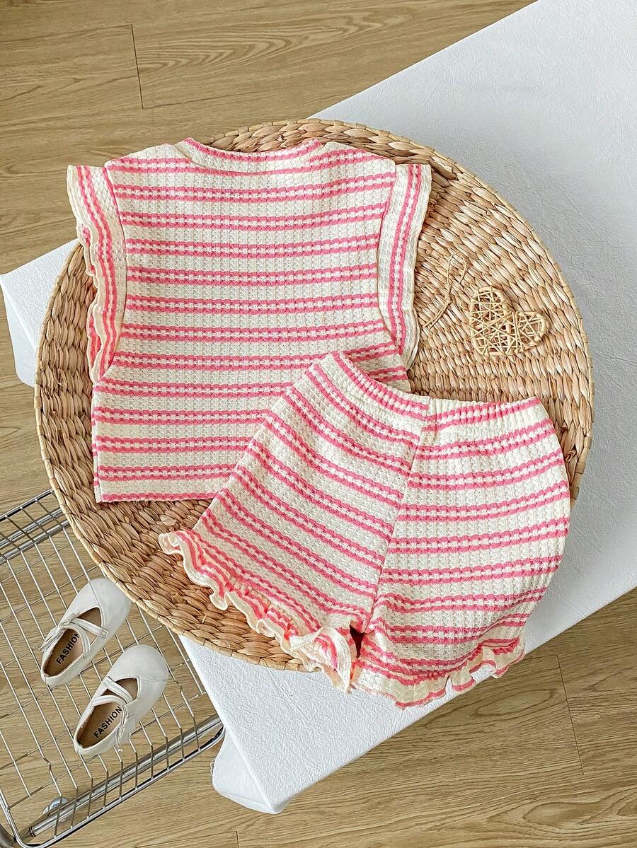 Baby Girl Black & White Striped Ruffle Sleeve T-Shirt & Shorts Set