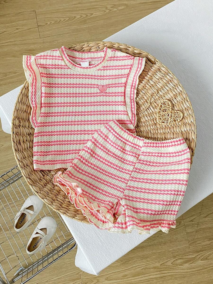 Baby Girl Black & White Striped Ruffle Sleeve T-Shirt & Shorts Set