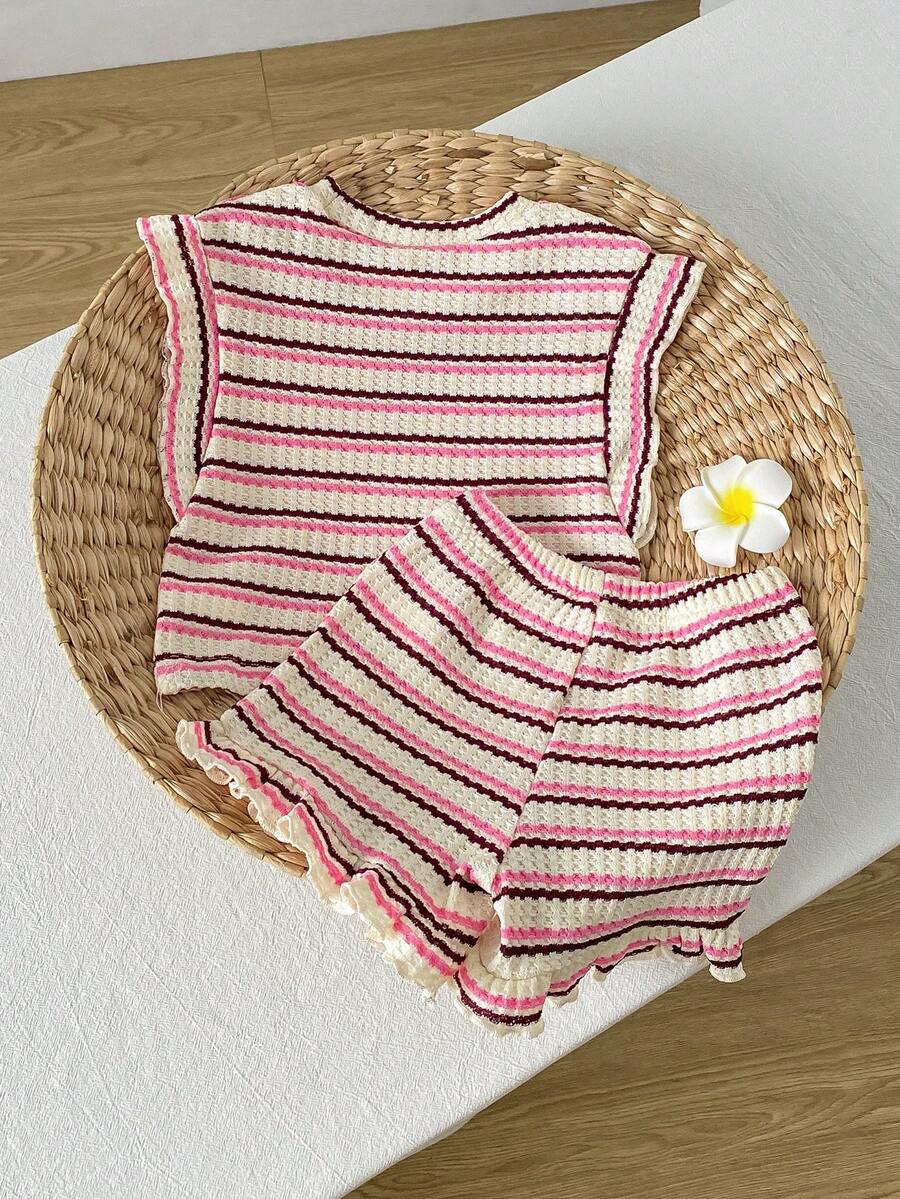 Baby Girl Black & White Striped Ruffle Sleeve T-Shirt & Shorts Set