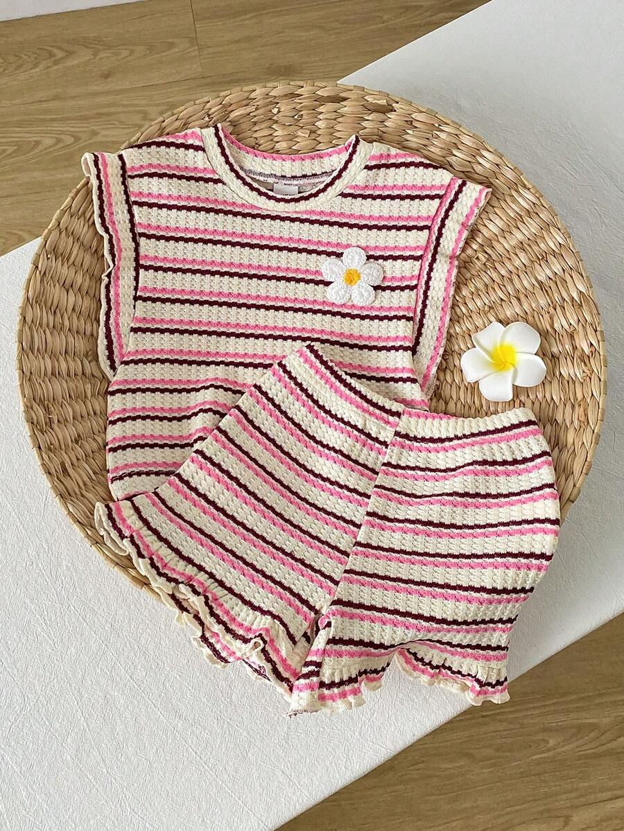 Baby Girl Black & White Striped Ruffle Sleeve T-Shirt & Shorts Set