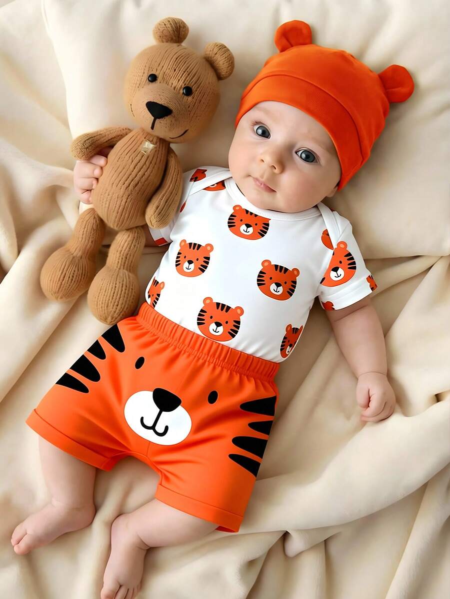 Baby Boys Brown Bear Romper Shorts and Hat Set for Summer Outdoor Wear