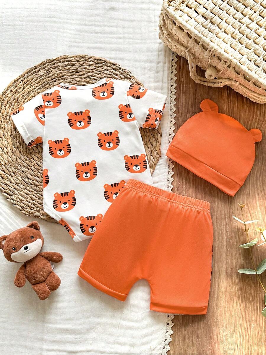 Baby Boys Brown Bear Romper Shorts and Hat Set for Summer Outdoor Wear