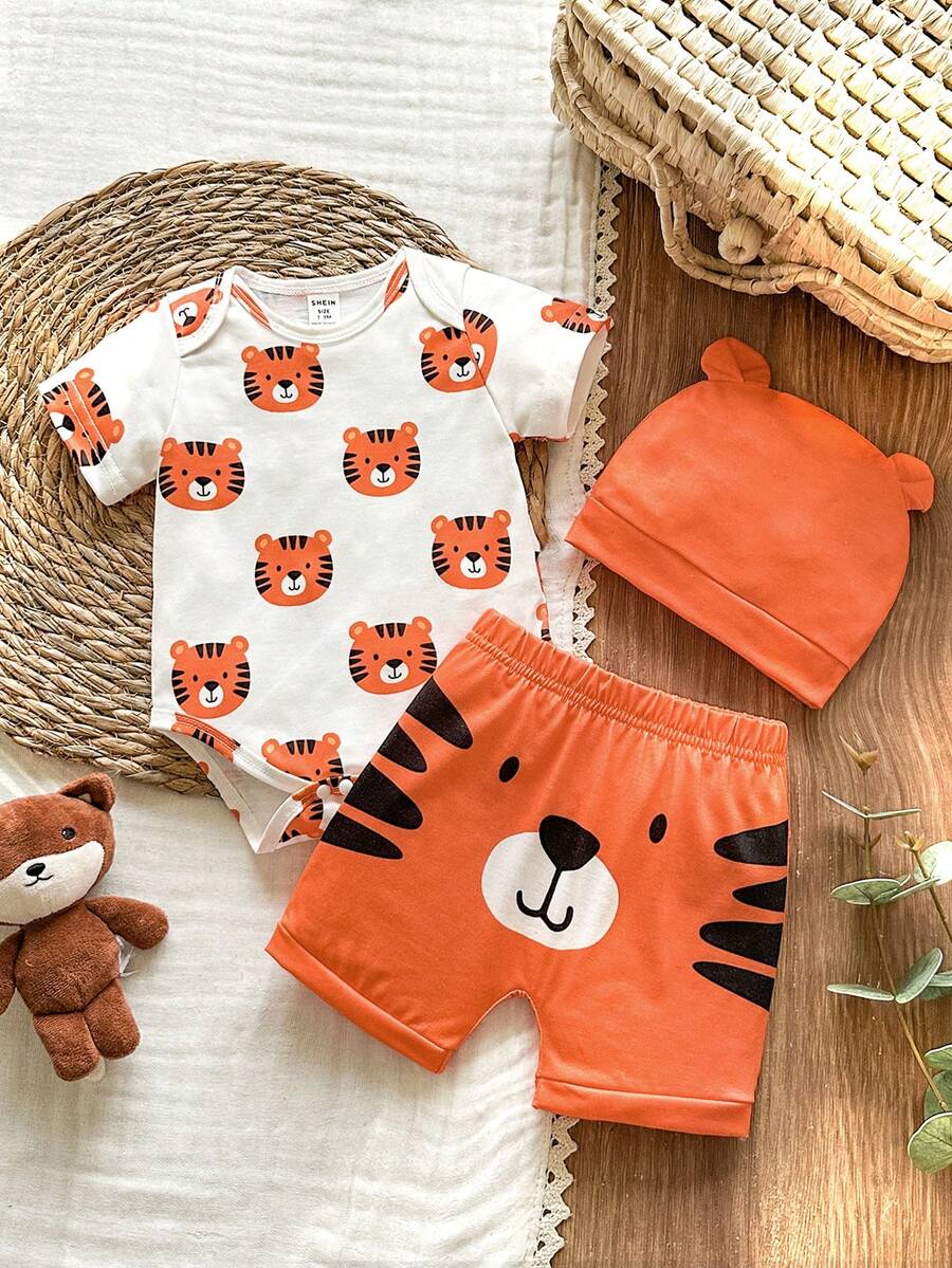 Baby Boys Brown Bear Romper Shorts and Hat Set for Summer Outdoor Wear