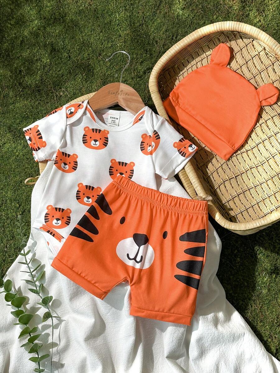 Baby Boys Brown Bear Romper Shorts and Hat Set for Summer Outdoor Wear