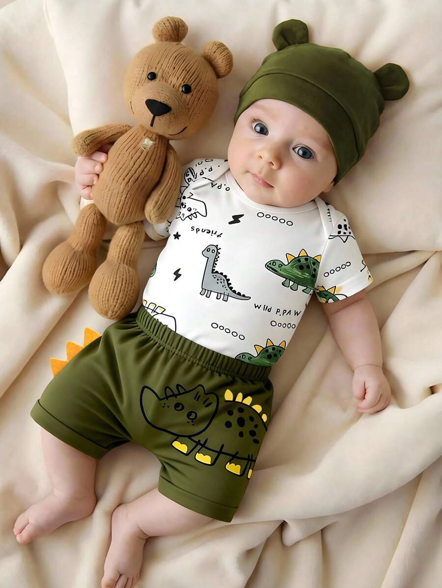 Baby Boys Brown Bear Romper Shorts and Hat Set for Summer Outdoor Wear