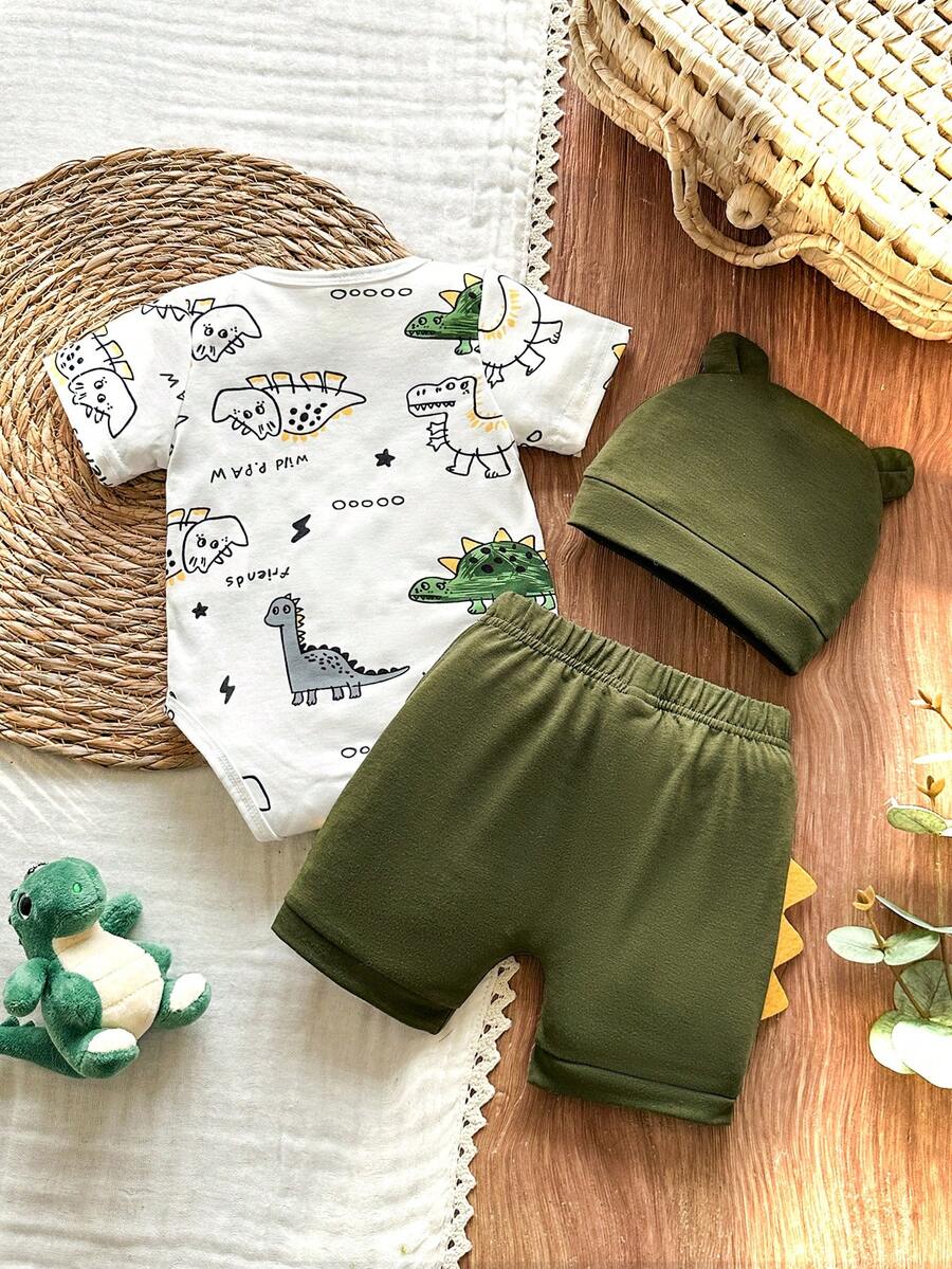 Baby Boys Brown Bear Romper Shorts and Hat Set for Summer Outdoor Wear