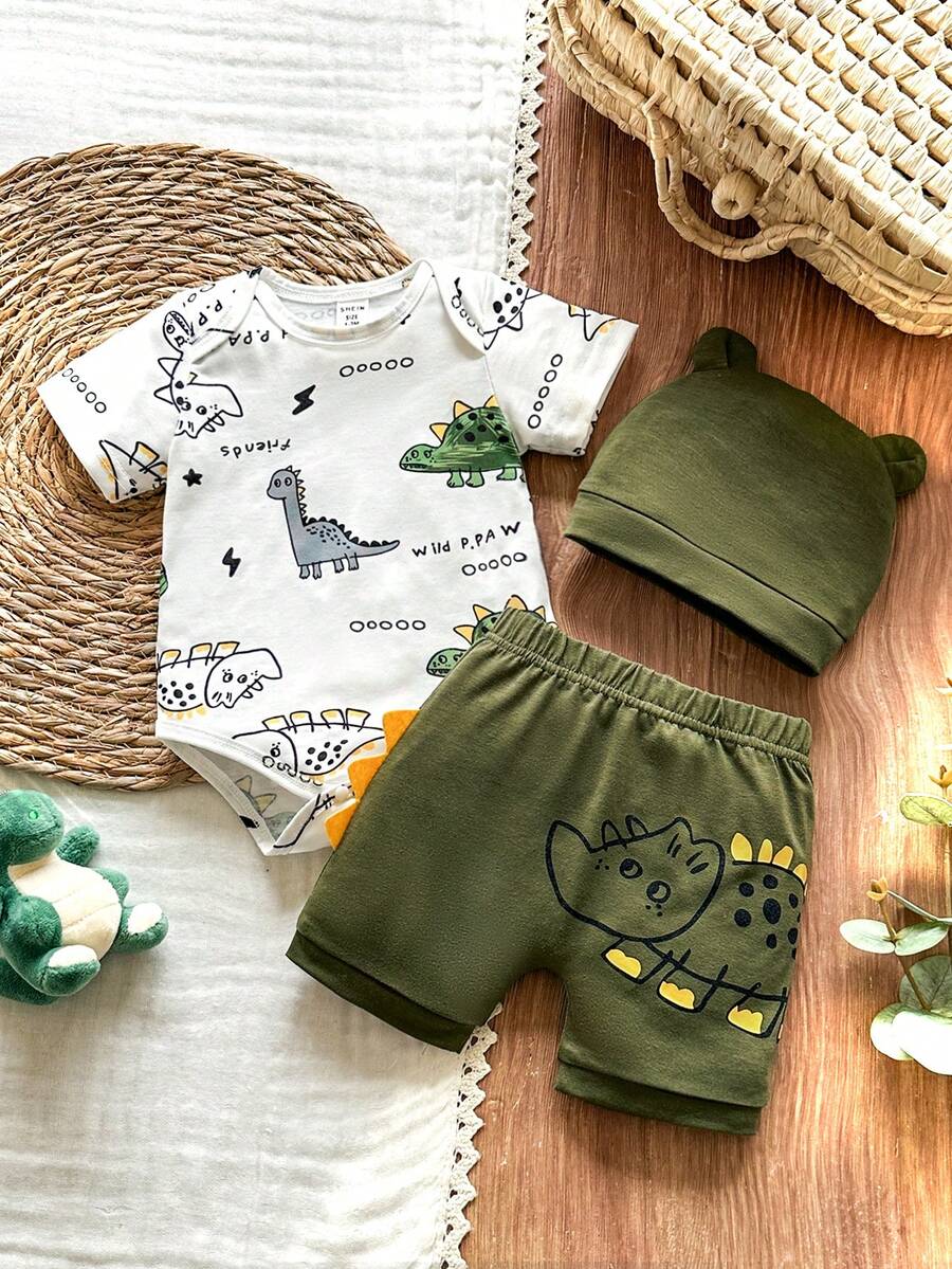 Baby Boys Brown Bear Romper Shorts and Hat Set for Summer Outdoor Wear
