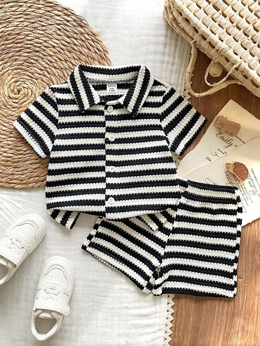 Infant Baby Boy Green White Striped Waffle Knit Polo Shirt and Shorts 2 Piece Casual Outfit Set