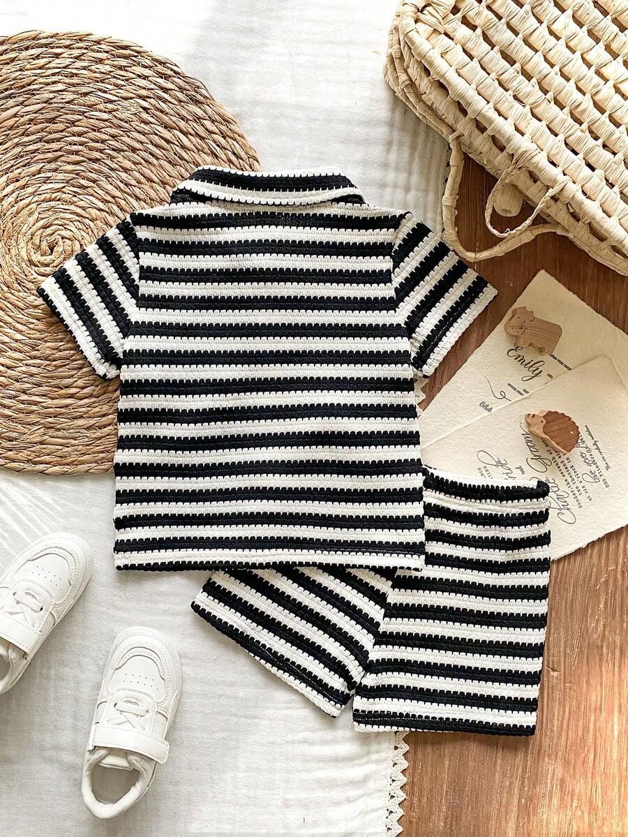 Infant Baby Boy Green White Striped Waffle Knit Polo Shirt and Shorts 2 Piece Casual Outfit Set