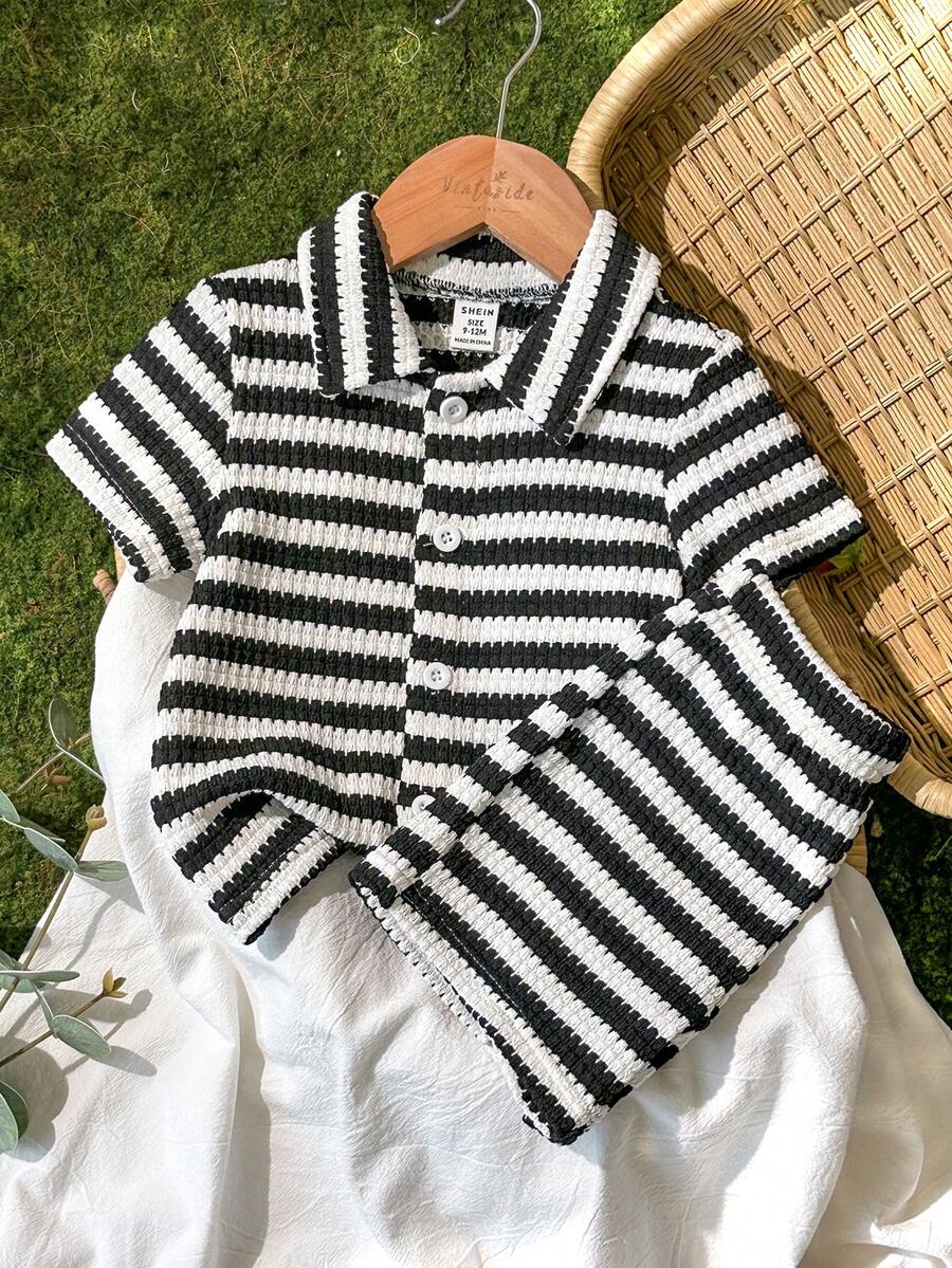 Infant Baby Boy Green White Striped Waffle Knit Polo Shirt and Shorts 2 Piece Casual Outfit Set
