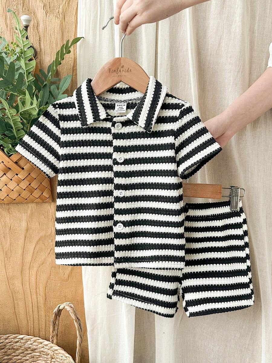 Infant Baby Boy Green White Striped Waffle Knit Polo Shirt and Shorts 2 Piece Casual Outfit Set