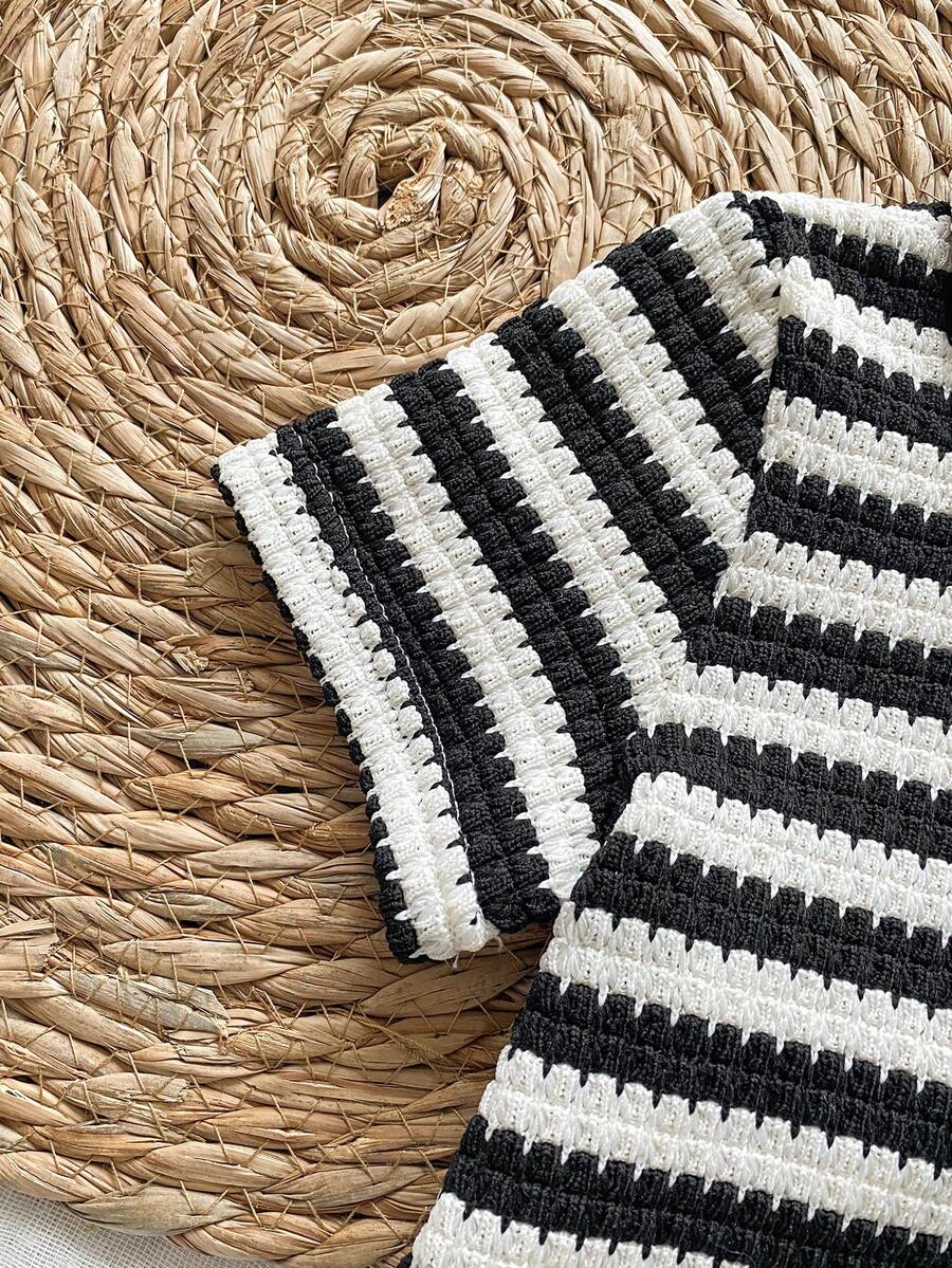 Infant Baby Boy Green White Striped Waffle Knit Polo Shirt and Shorts 2 Piece Casual Outfit Set