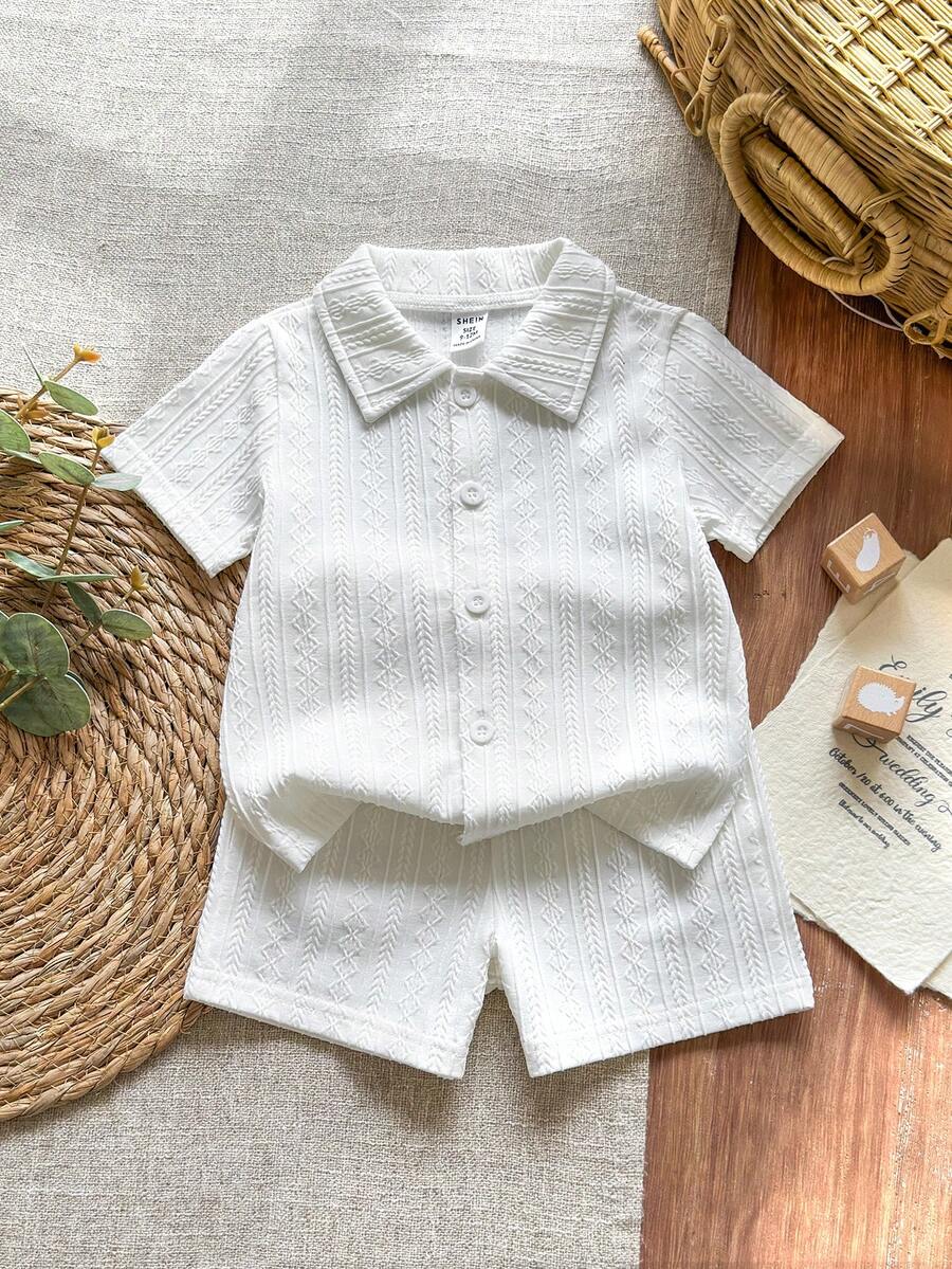 Infant Baby Boy Green White Striped Waffle Knit Polo Shirt and Shorts 2 Piece Casual Outfit Set
