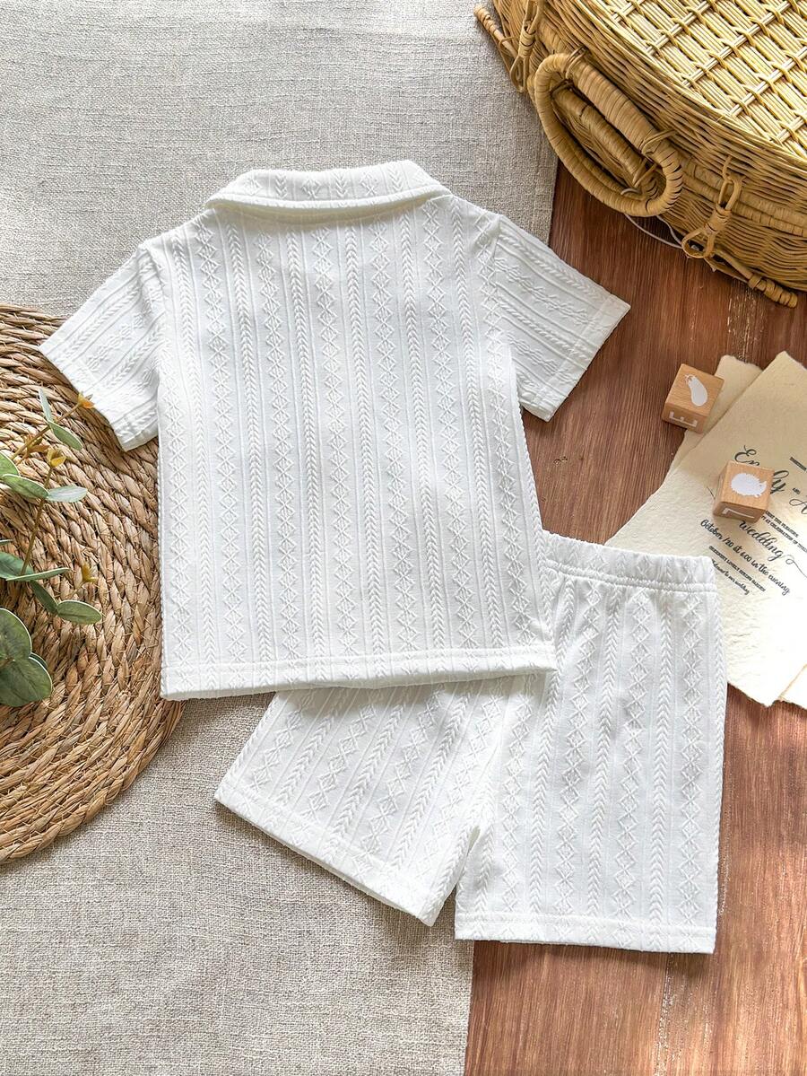 Infant Baby Boy Green White Striped Waffle Knit Polo Shirt and Shorts 2 Piece Casual Outfit Set