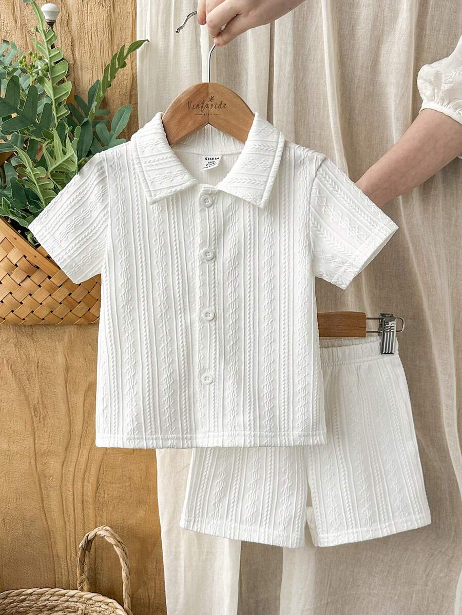Infant Baby Boy Green White Striped Waffle Knit Polo Shirt and Shorts 2 Piece Casual Outfit Set