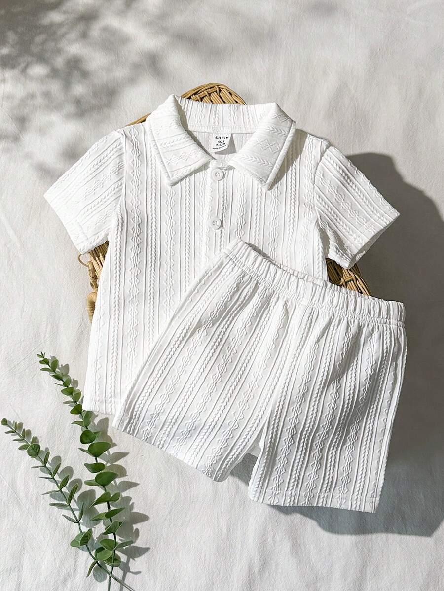 Infant Baby Boy Green White Striped Waffle Knit Polo Shirt and Shorts 2 Piece Casual Outfit Set