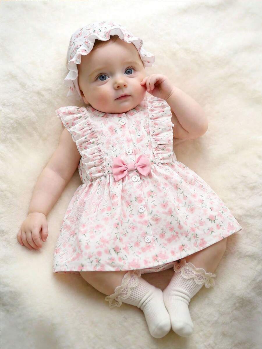 Baby Cherry Print Sleeveless Dress and Red Hat Set for Cute Summer Outings