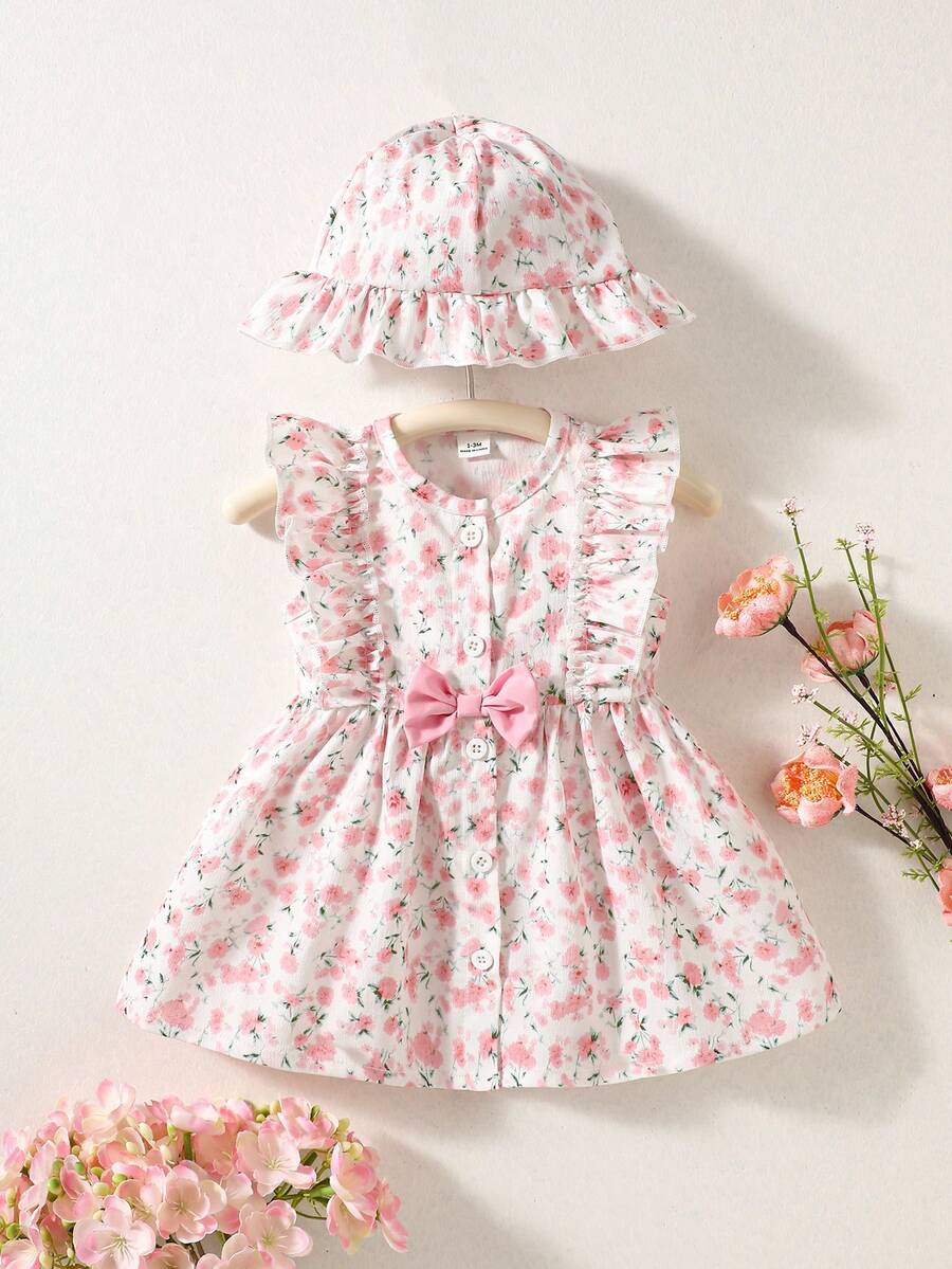 Baby Cherry Print Sleeveless Dress and Red Hat Set for Cute Summer Outings
