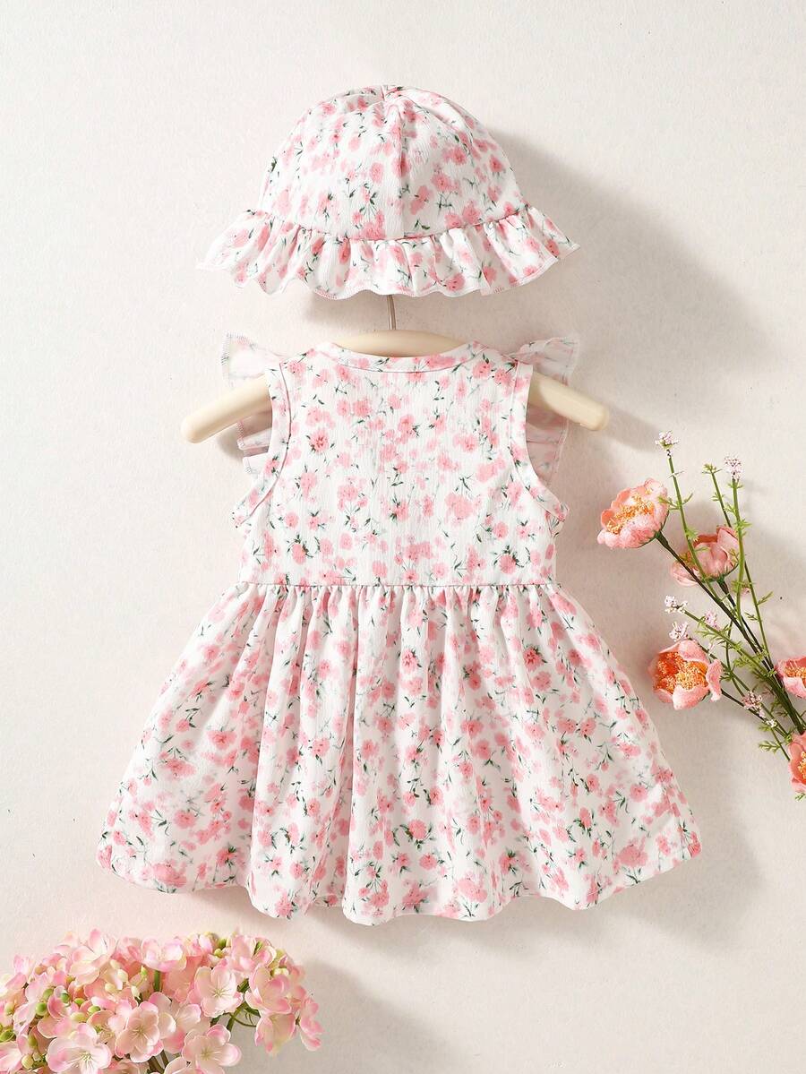 Baby Cherry Print Sleeveless Dress and Red Hat Set for Cute Summer Outings