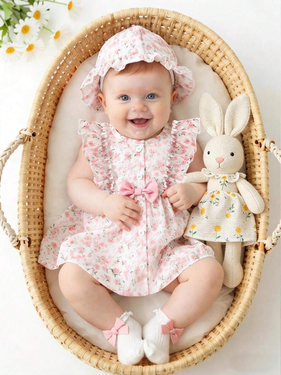 Baby Cherry Print Sleeveless Dress and Red Hat Set for Cute Summer Outings