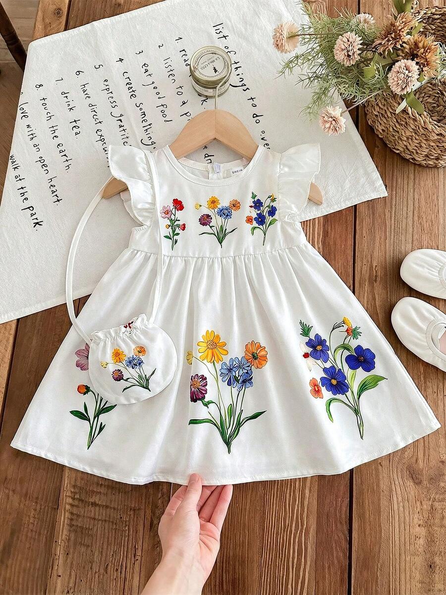 Infant Girl 2-Piece Embroidered Dress Set with Diagonal Shoulder Bag