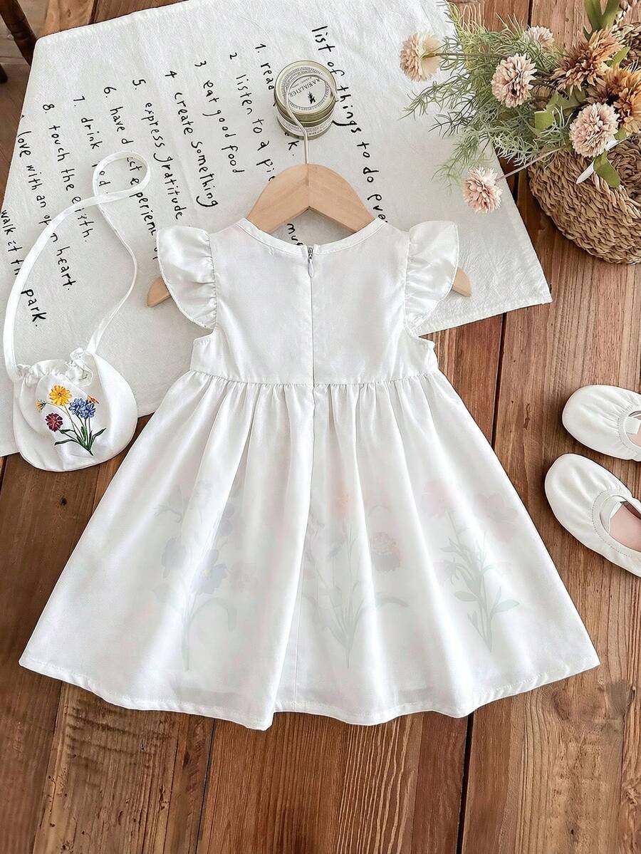 Infant Girl 2-Piece Embroidered Dress Set with Diagonal Shoulder Bag