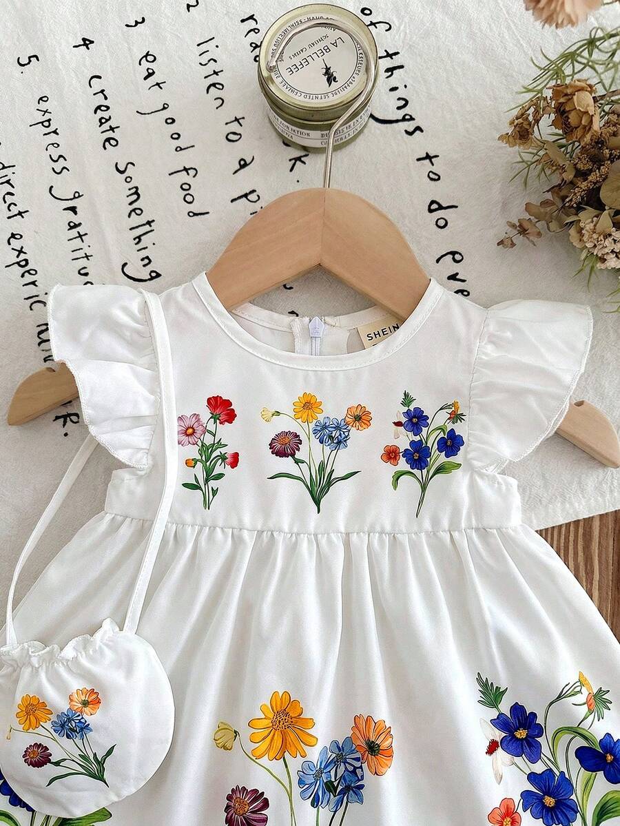Infant Girl 2-Piece Embroidered Dress Set with Diagonal Shoulder Bag