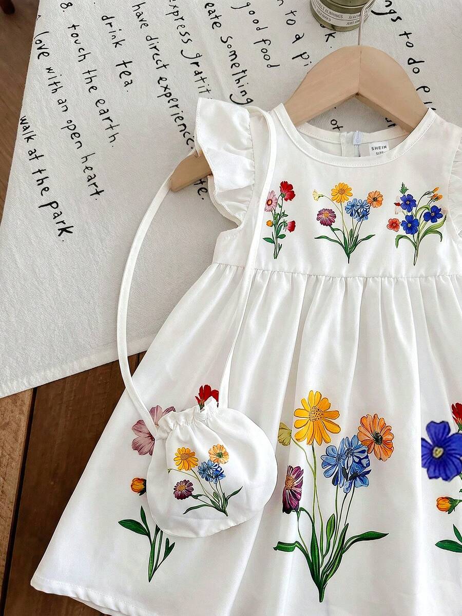 Infant Girl 2-Piece Embroidered Dress Set with Diagonal Shoulder Bag