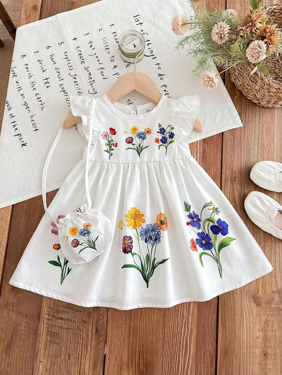Infant Girl 2-Piece Embroidered Dress Set with Diagonal Shoulder Bag