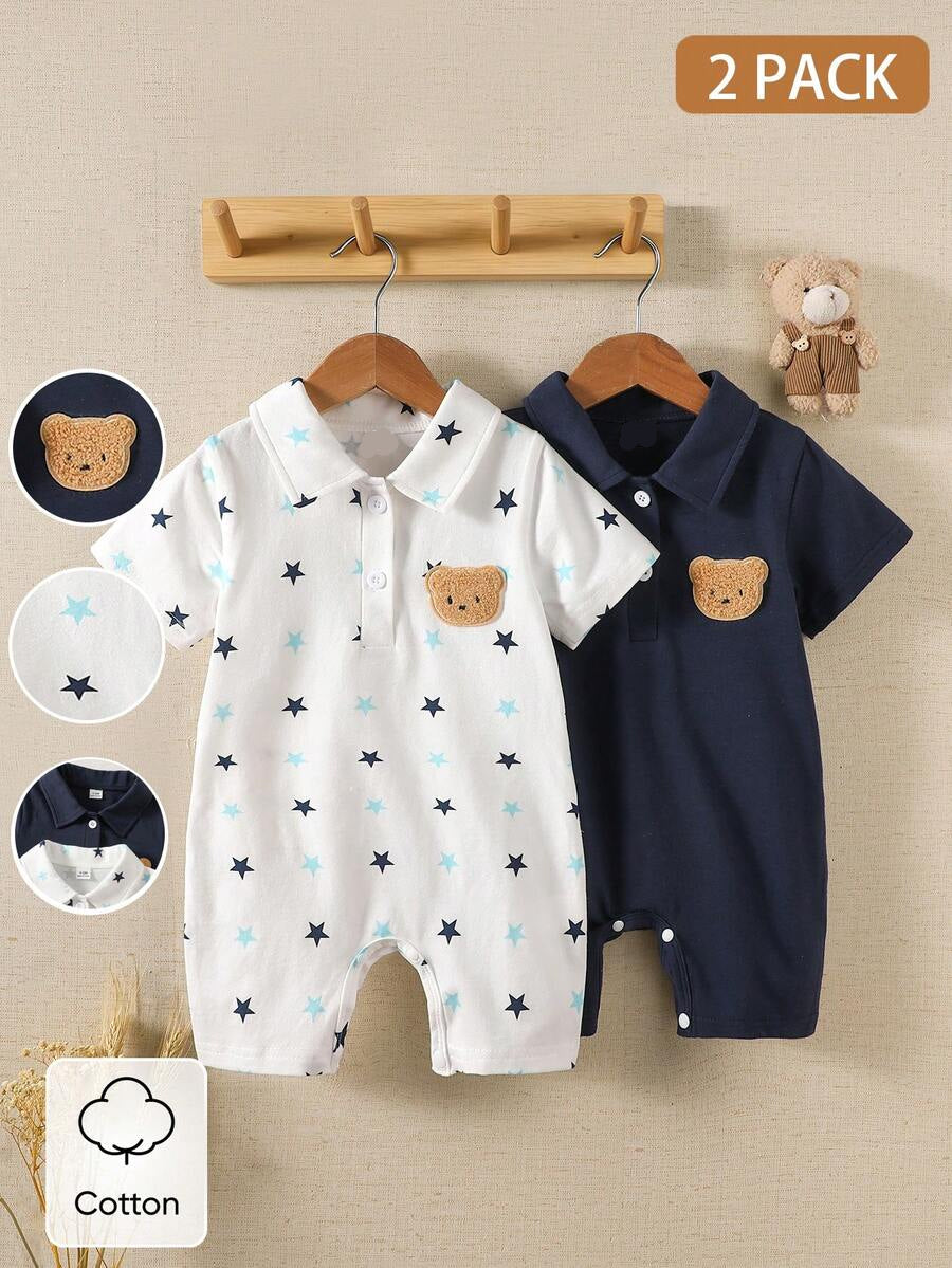 2PCS Baby Color Block Stripe Collared Romper and Shorts Set for Casual Daily Wear