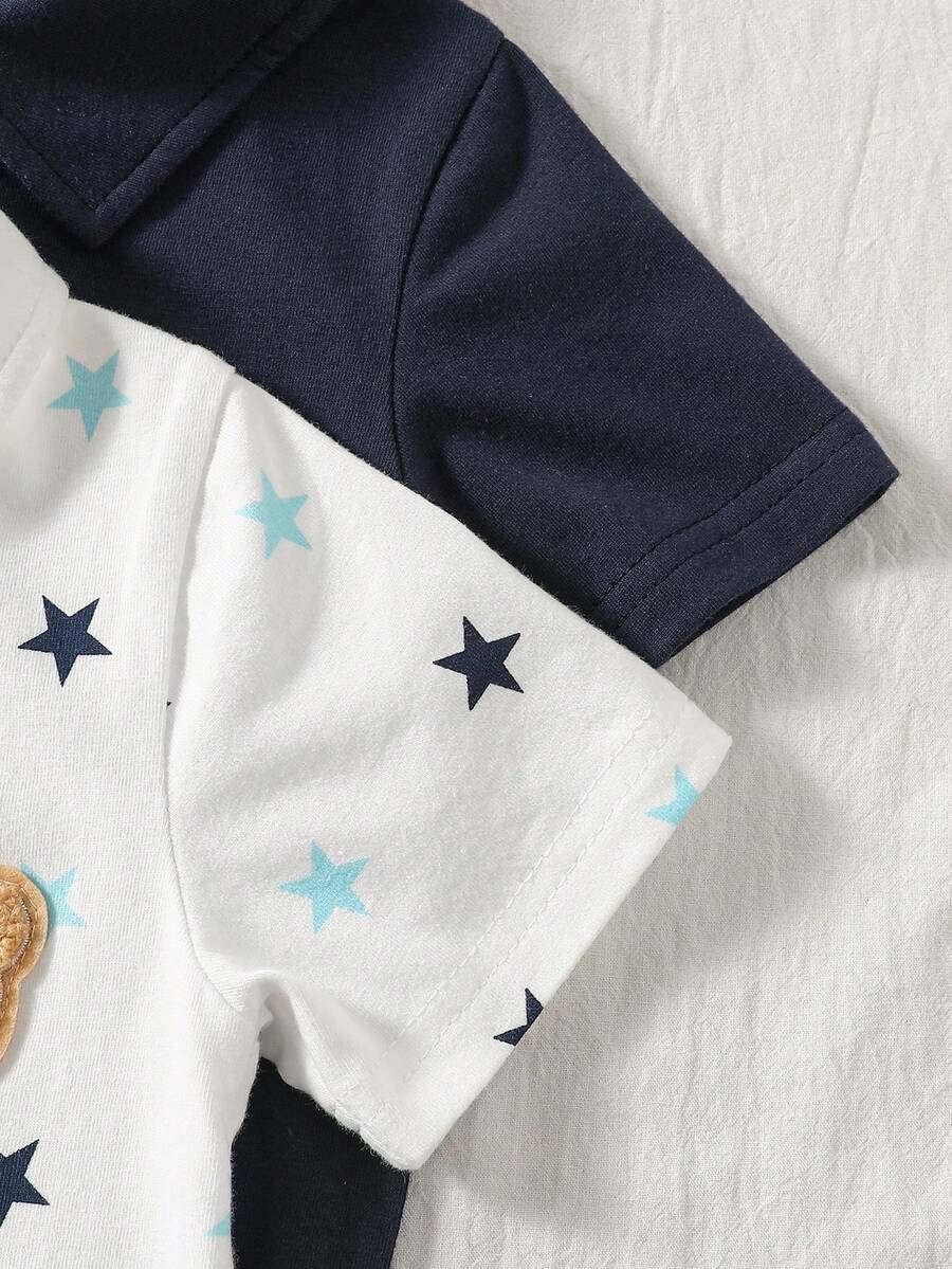 2PCS Baby Color Block Stripe Collared Romper and Shorts Set for Casual Daily Wear