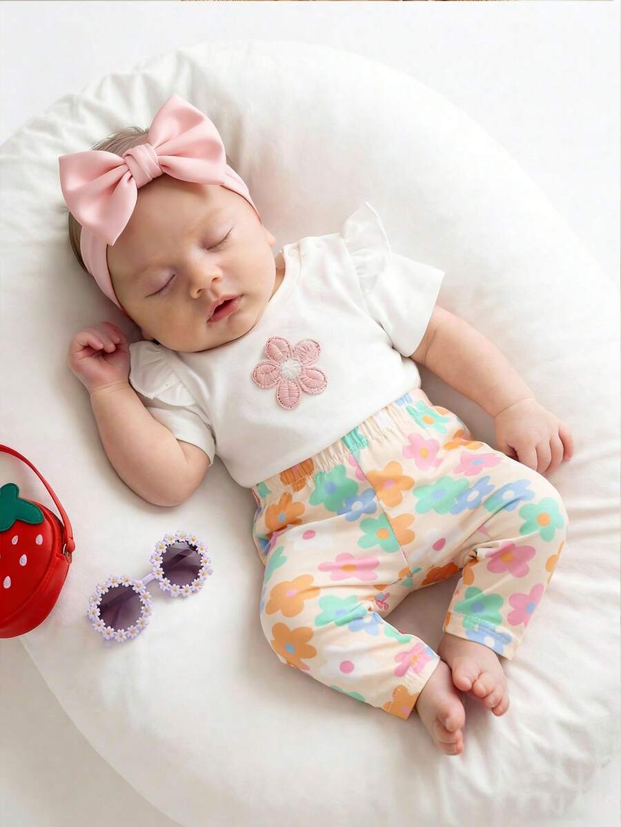 Baby Girl Strawberry Print T Shirt and Pants Set for Cute Summer Daily Wear
