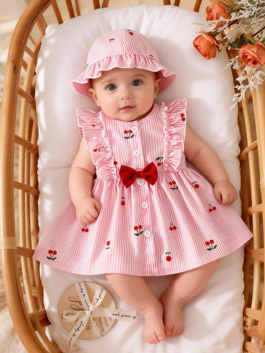 Baby Cherry Print Sleeveless Dress and Red Hat Set for Cute Summer Outings
