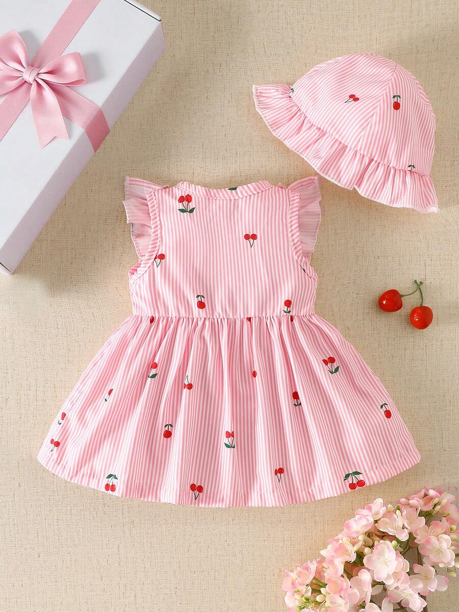 Baby Cherry Print Sleeveless Dress and Red Hat Set for Cute Summer Outings