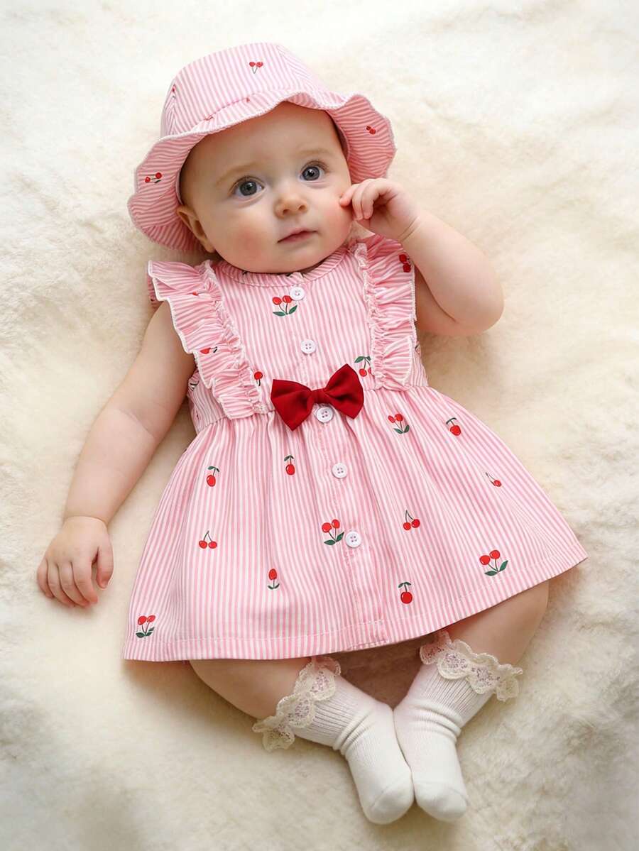 Baby Cherry Print Sleeveless Dress and Red Hat Set for Cute Summer Outings