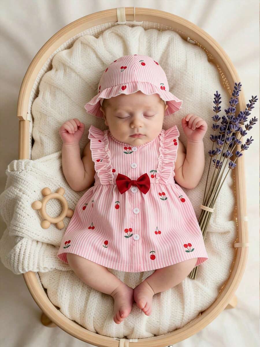Baby Cherry Print Sleeveless Dress and Red Hat Set for Cute Summer Outings