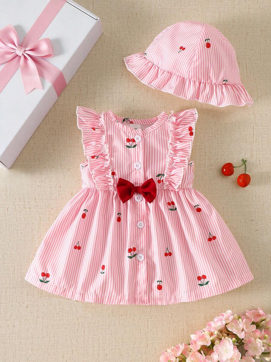 Baby Cherry Print Sleeveless Dress and Red Hat Set for Cute Summer Outings