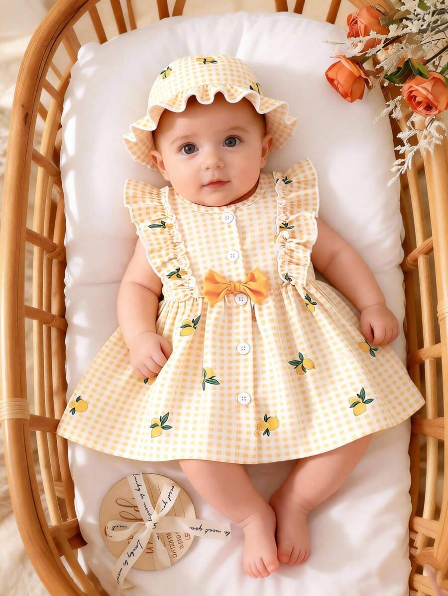 Baby Cherry Print Sleeveless Dress and Red Hat Set for Cute Summer Outings