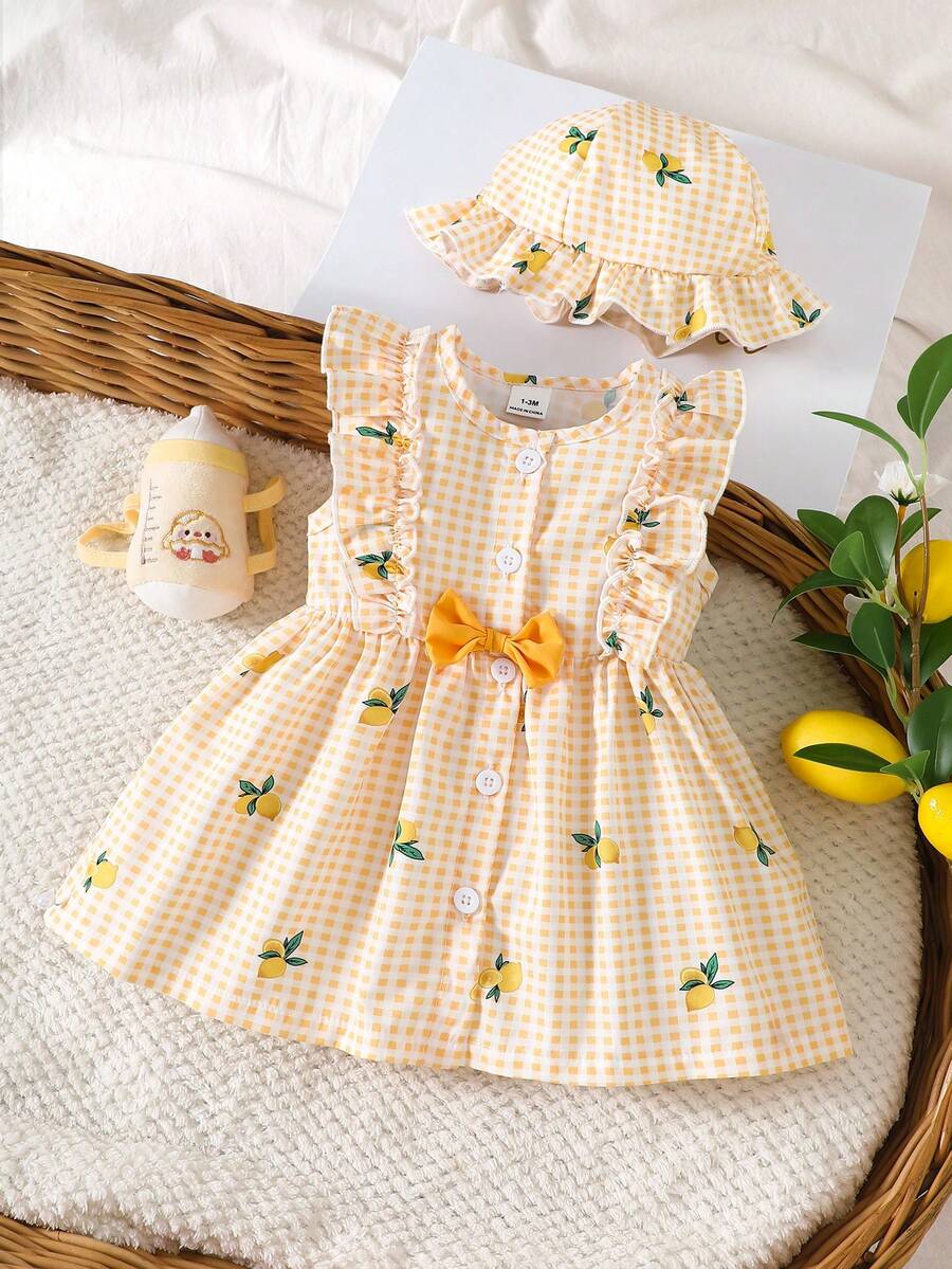 Baby Cherry Print Sleeveless Dress and Red Hat Set for Cute Summer Outings