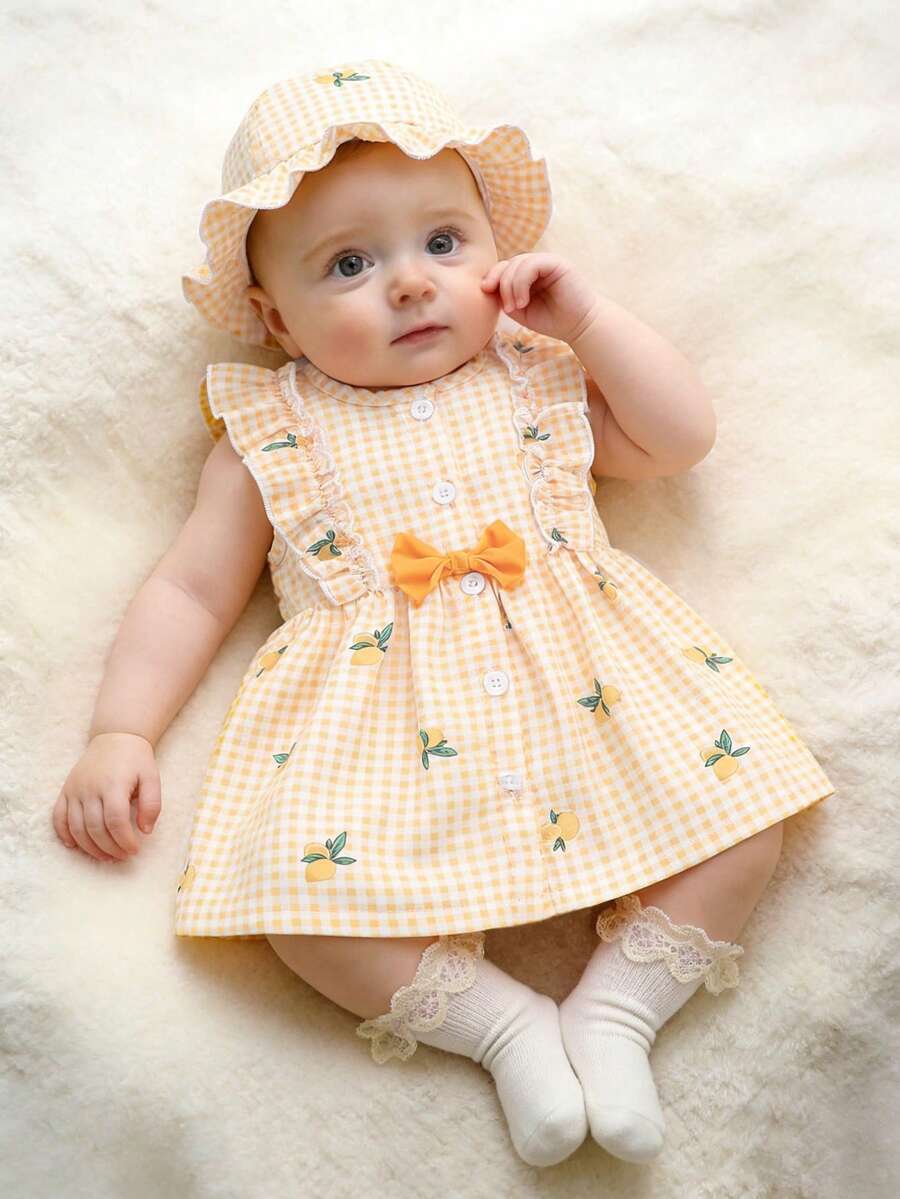 Baby Cherry Print Sleeveless Dress and Red Hat Set for Cute Summer Outings