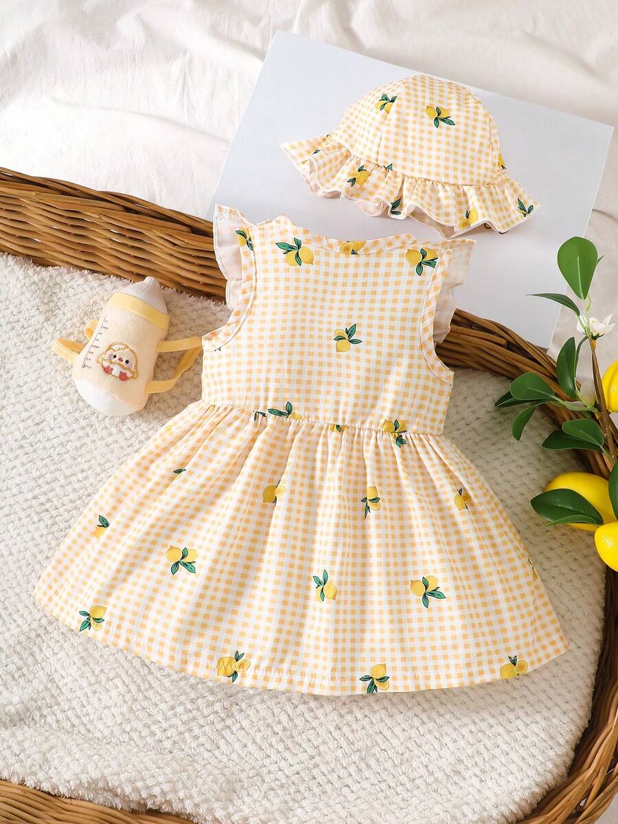 Baby Cherry Print Sleeveless Dress and Red Hat Set for Cute Summer Outings