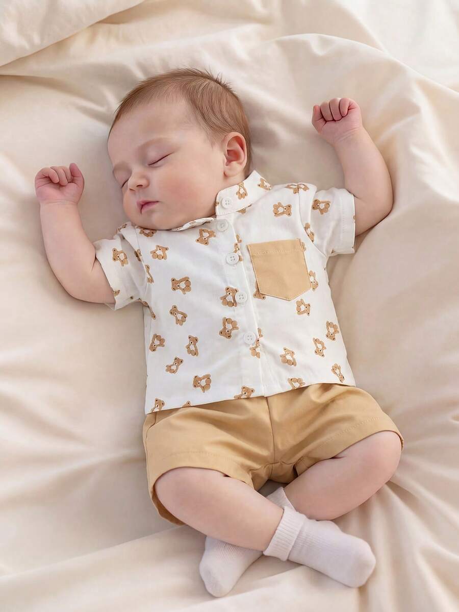 2PCS Baby Boy Gentleman Style Shirt and Shorts Set for Stylish Summer Daily Wear