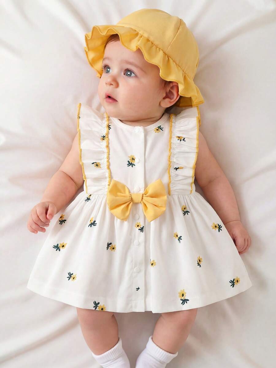 Baby Cherry Print Sleeveless Dress and Red Hat Set for Cute Summer Outings