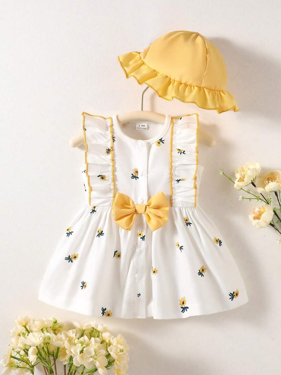 Baby Cherry Print Sleeveless Dress and Red Hat Set for Cute Summer Outings