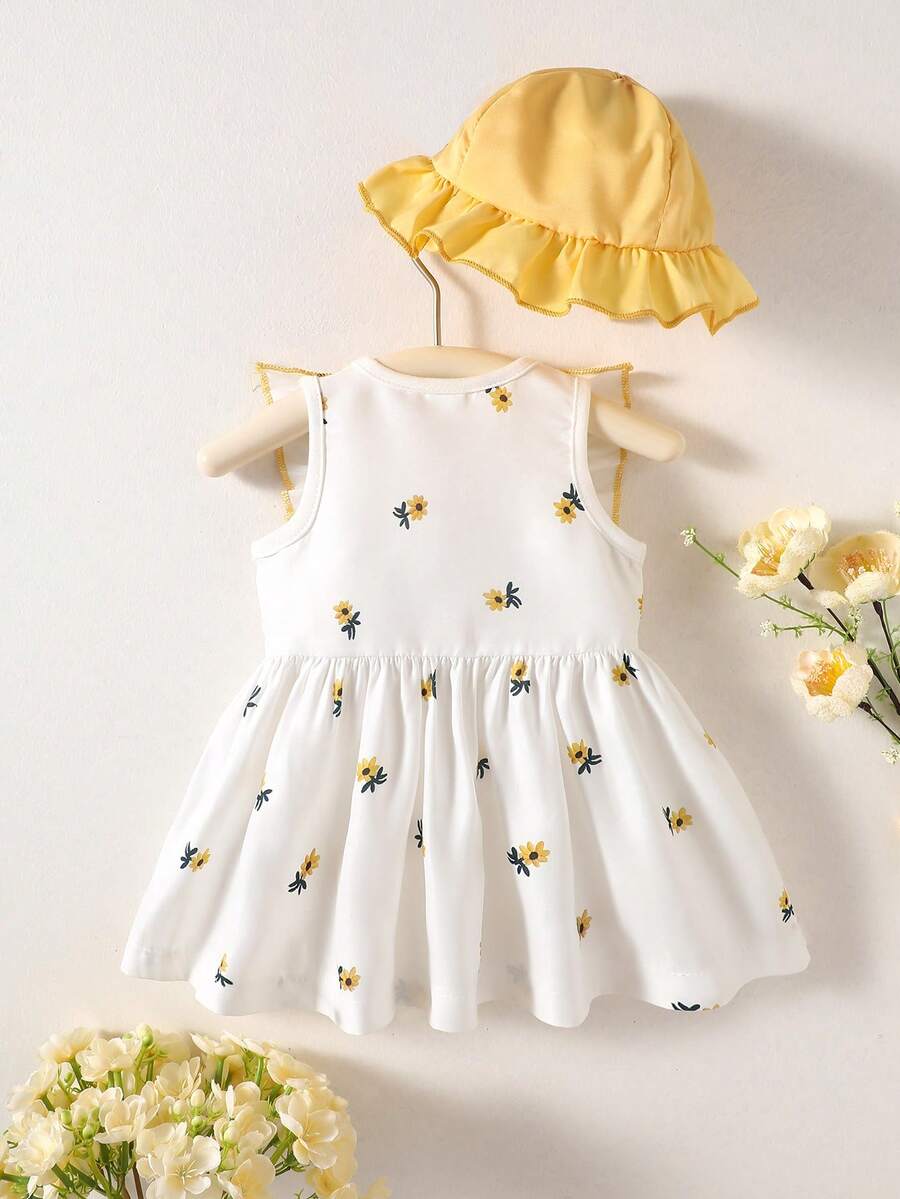 Baby Cherry Print Sleeveless Dress and Red Hat Set for Cute Summer Outings