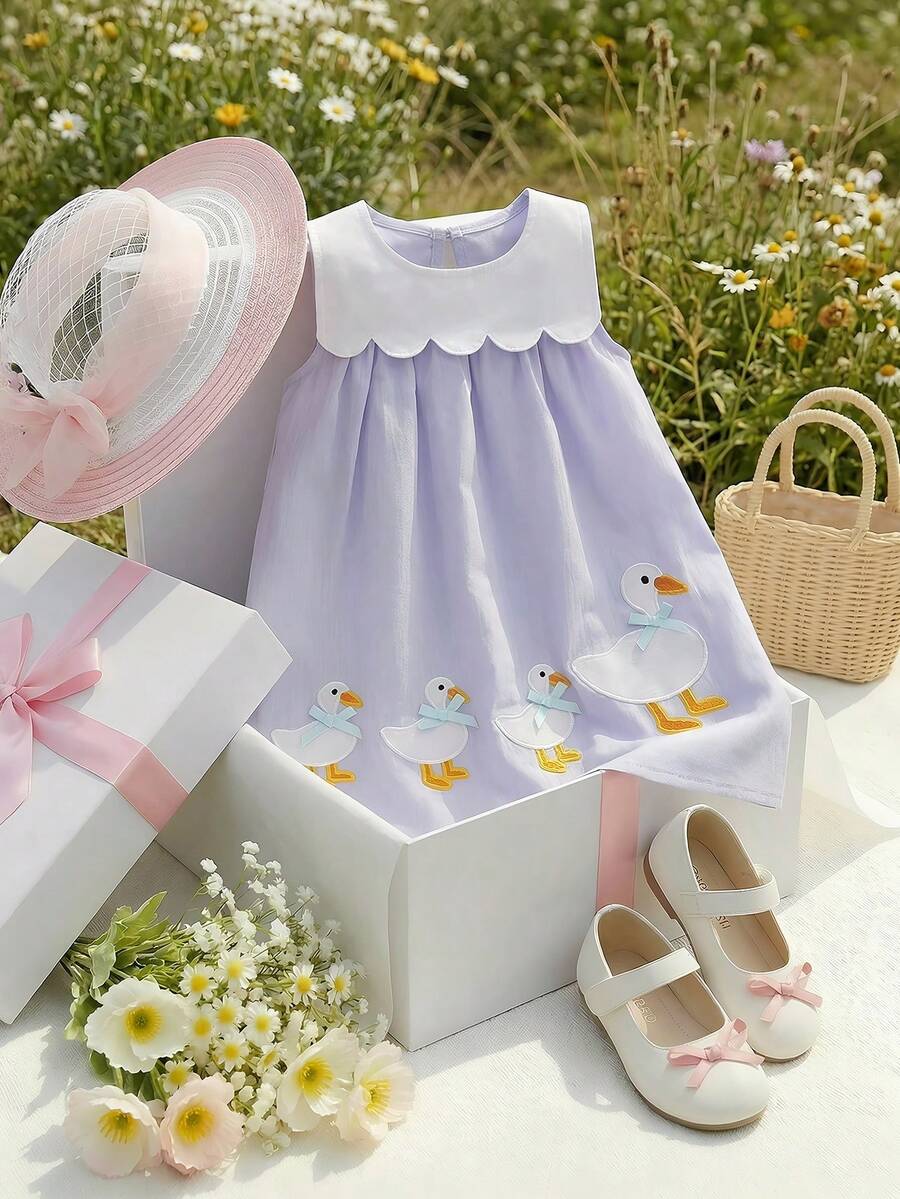 Sleeveless Long Dress with Embroidered Cartoon Duck for Toddler Girls