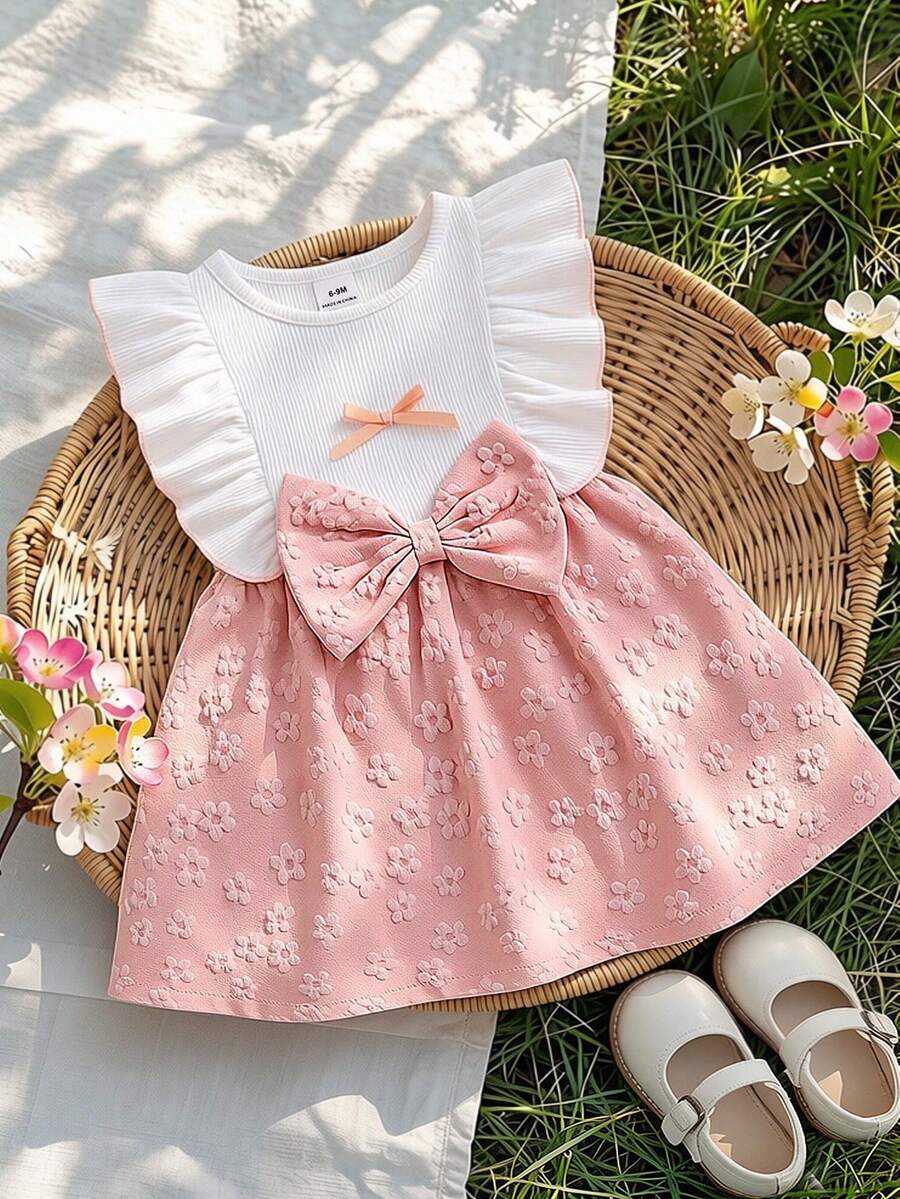 Baby Girl Brown Bowknot Sleeveless Puffy Dress for Casual Fall Outings