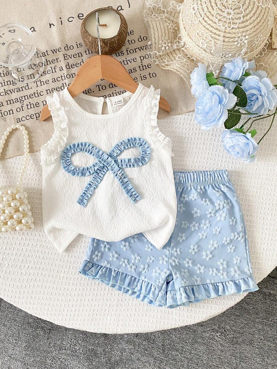 Cute Two Piece Summer Clothing Set For Little Girls Jacquard Style