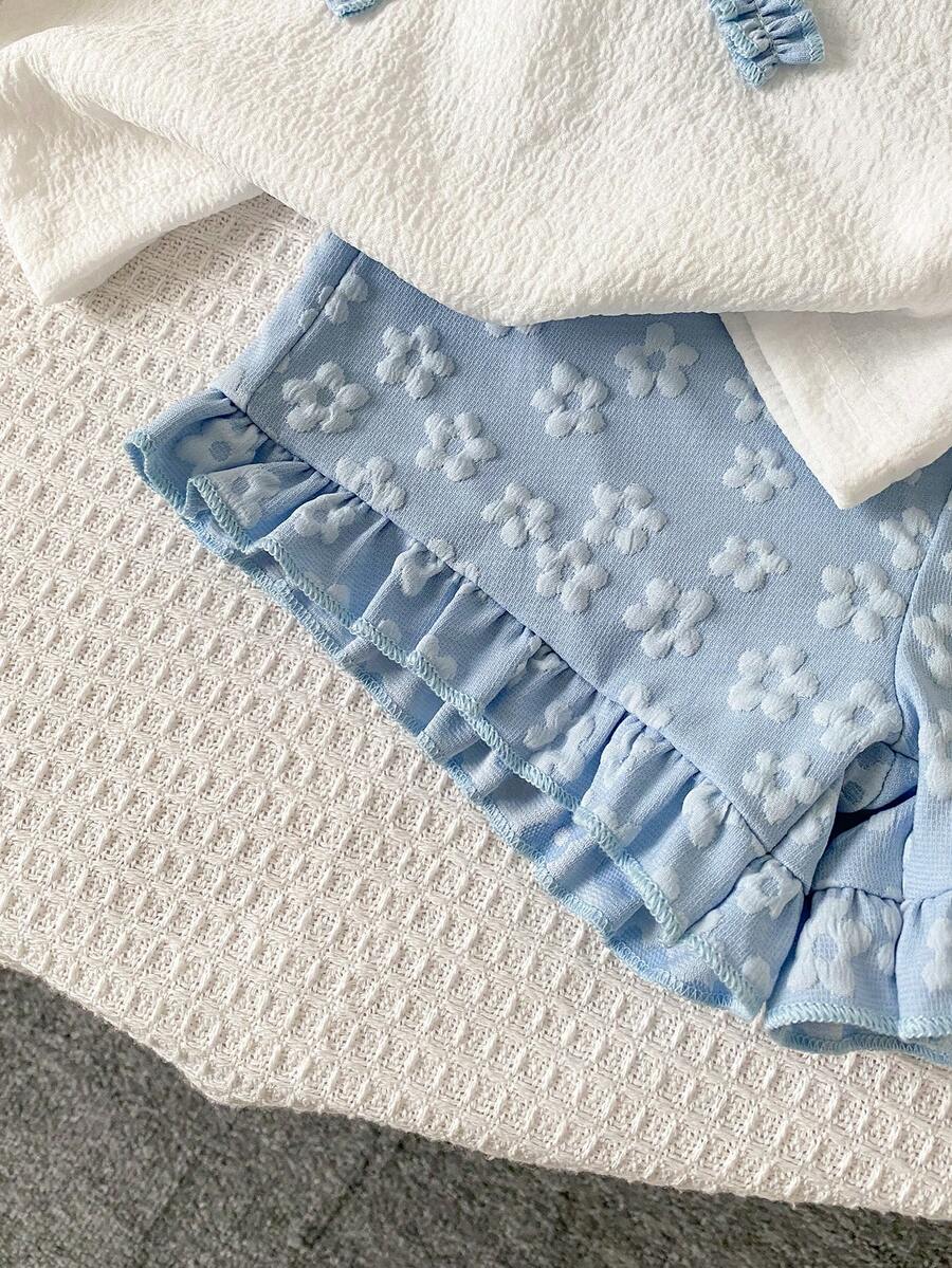 Cute Two Piece Summer Clothing Set For Little Girls Jacquard Style