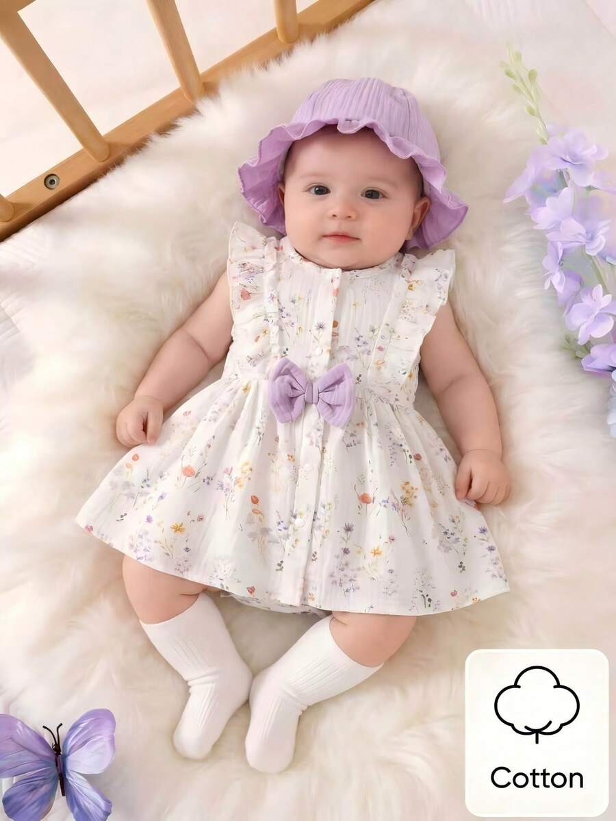 Baby Cherry Print Sleeveless Dress and Red Hat Set for Cute Summer Outings